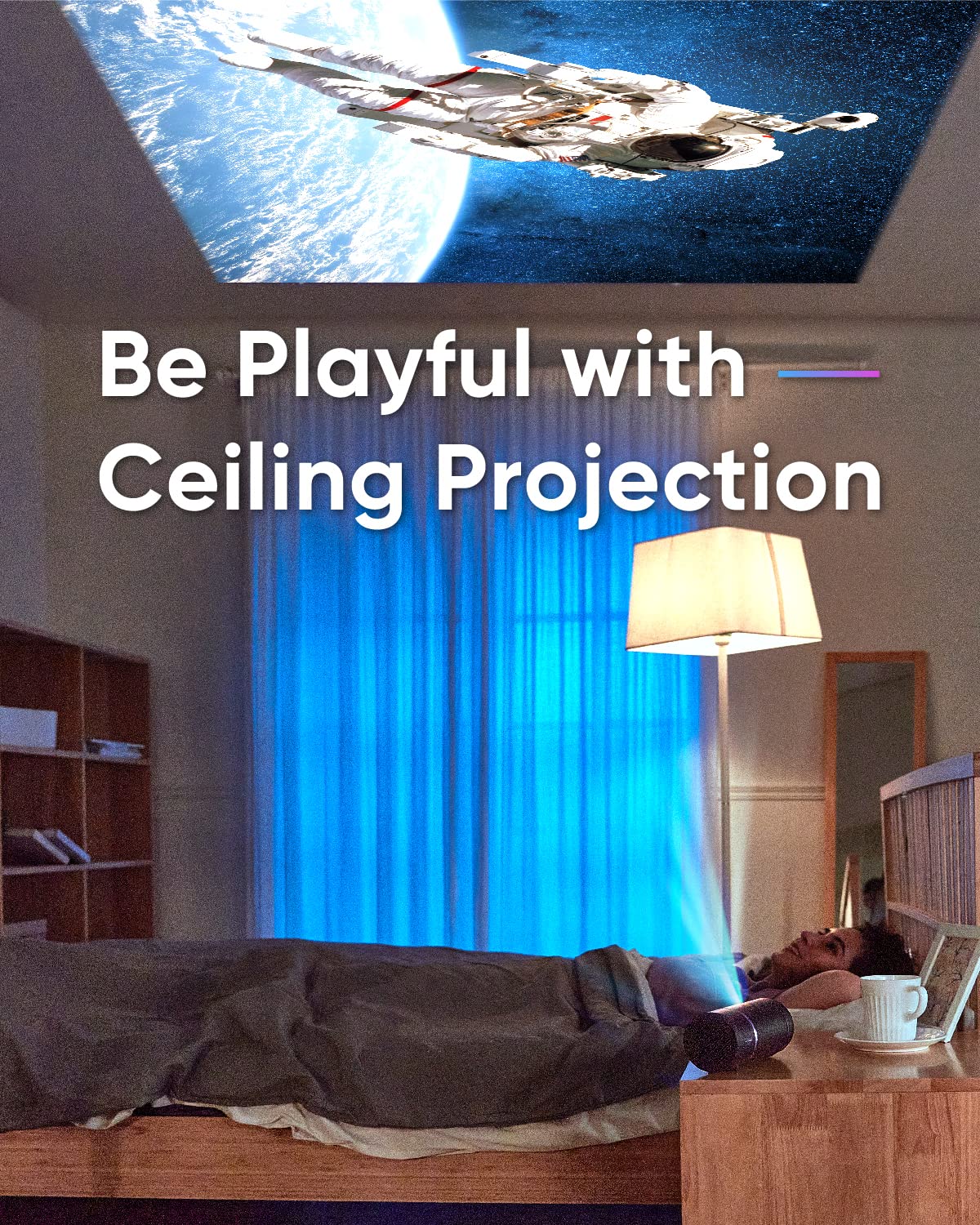 Nomvdic R150 Mini Projector, Portable Battery Operated Projector With 4Hrs Of Playtime , Ceiling Projector With 90 Rotating Lens